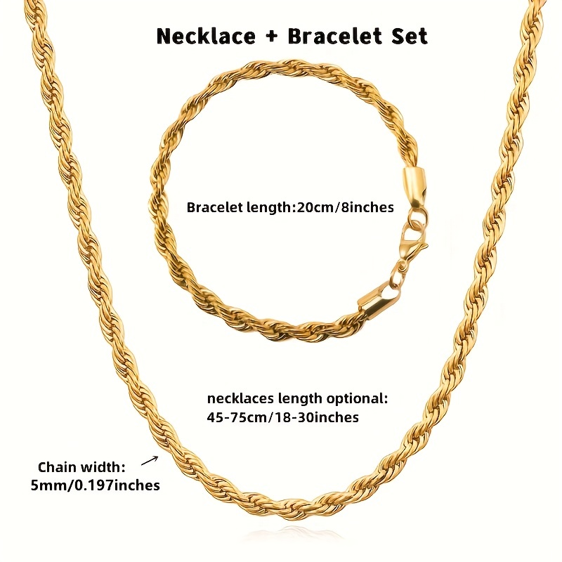 Twisted Rope Chain Set Necklace and Bracelet Non Magnetic Golden Finish